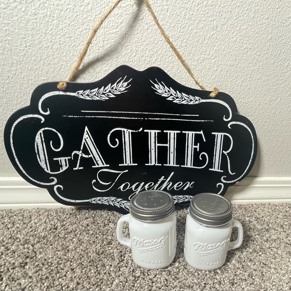 Wall deco plaque & two mini white glass mason jar salt & pepper shakers..
